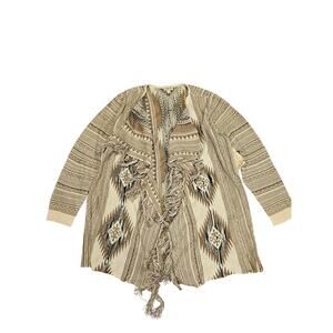 One world acrylic knit boho cardigan xxl 2xl fringe tassle western Aztec earthy